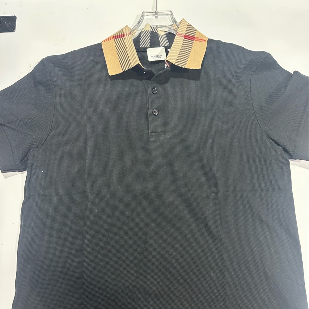 Men's Black Polo Shirt with Patterned Collar
